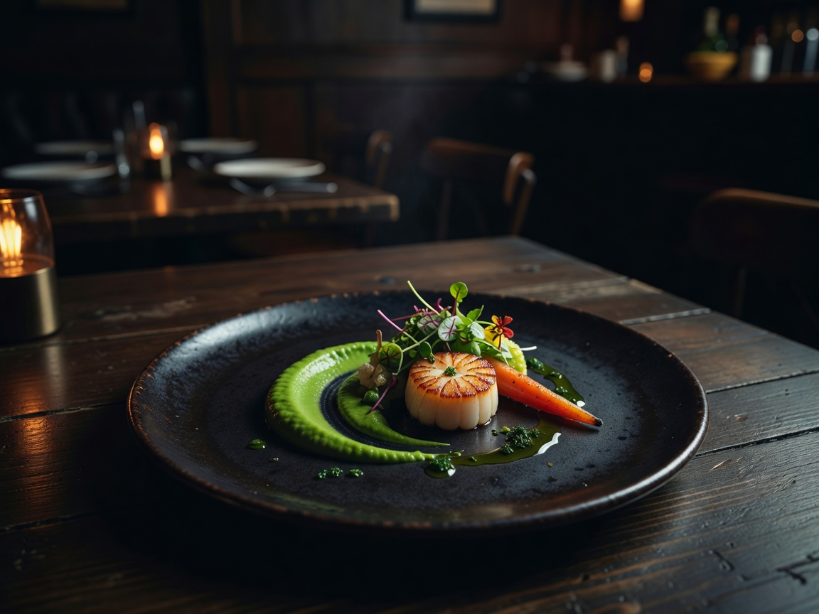Artisan plated food in a moody atmospheric restaurant