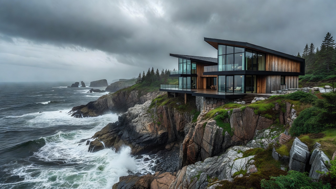 Atmospheric Canadian coastal landscape and modern hospitality architecture