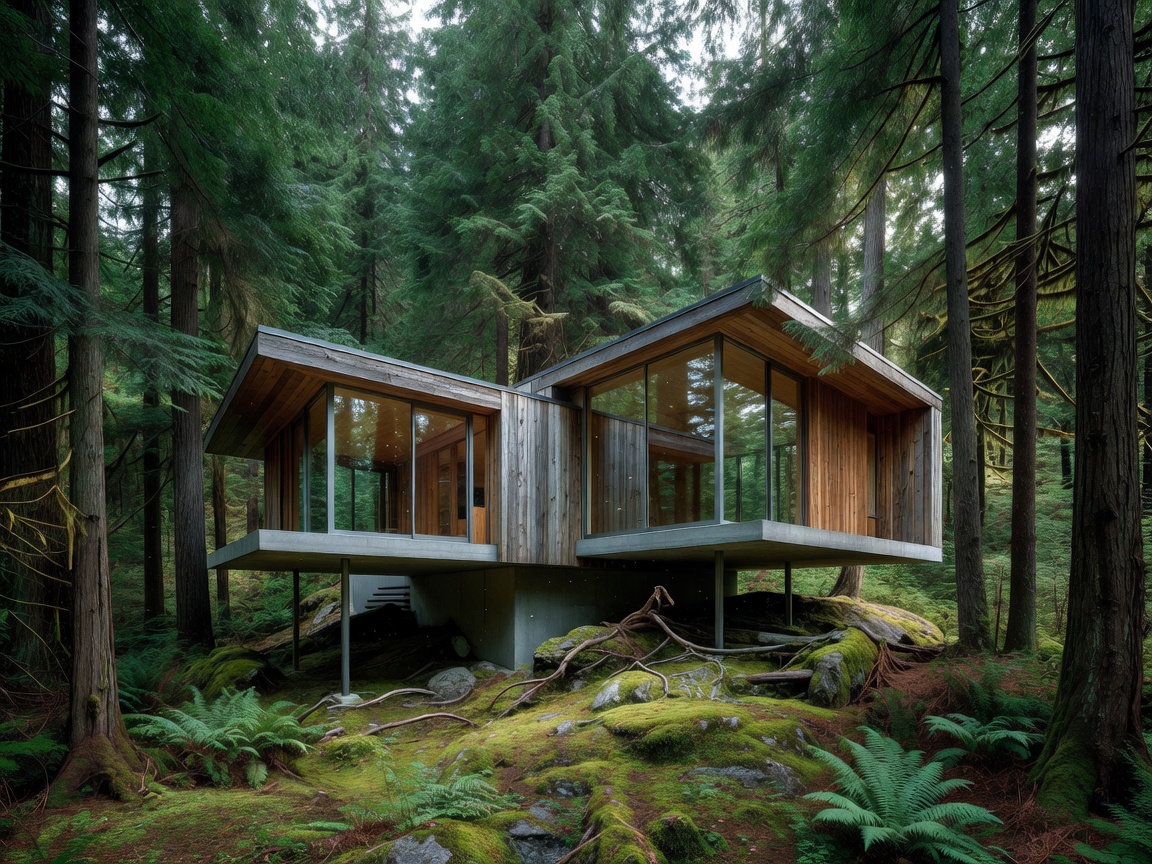Contemporary architecture nestled in dense Canadian forest