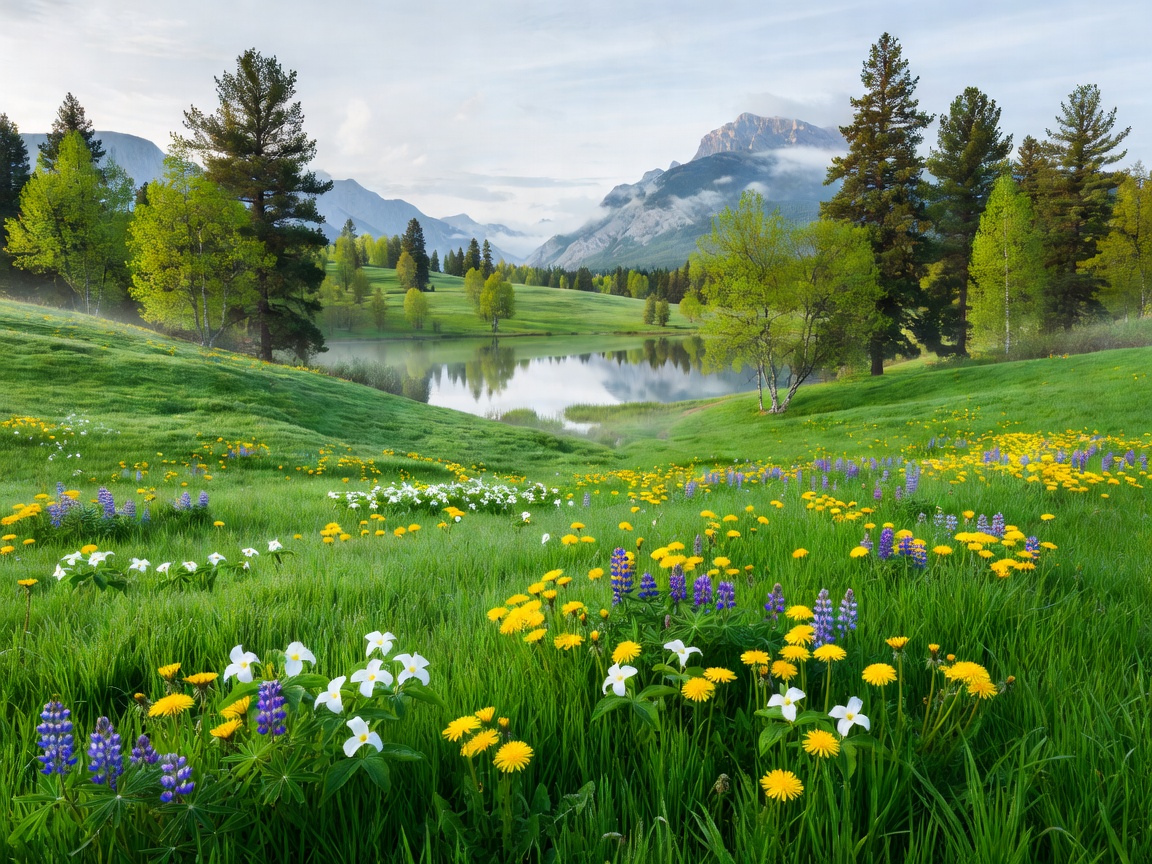 Lush green Canadian landscape with blooming nature in spring