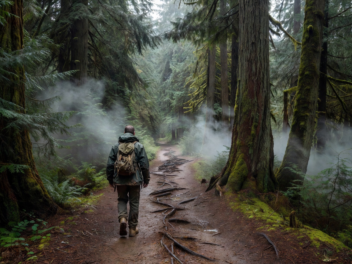 Person exploring a misty Canadian forest path