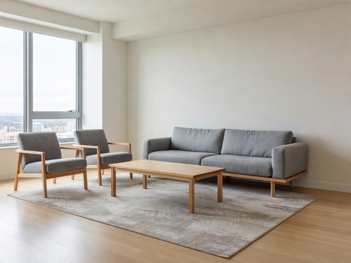 Spacious hotel suite living area with modern Canadian furniture